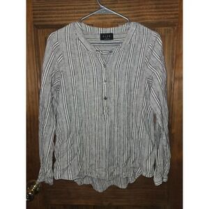 B.L.E.U. Grey White Striped Linen Blend Henley Blouse Long Sleeve Medium